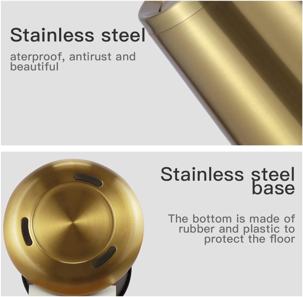 Household Swing Gold Bathroom Trash Can,Brushed Stainless Steel,10 L/3 Gallen,Garbage Can with Flipping Lid, for Indoor or Commercial Use, Kitchen,Modern,Living Room,Bedroom