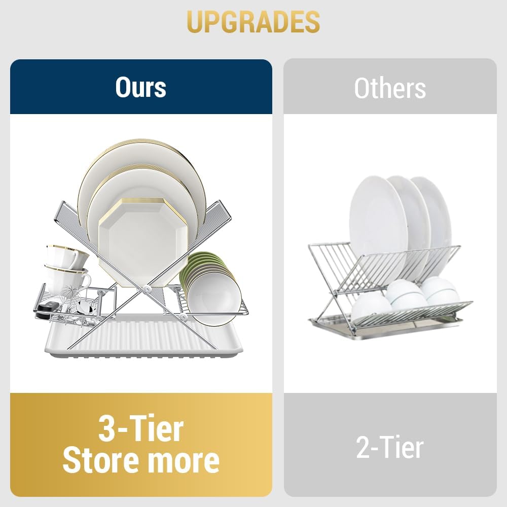 Dish Drying Rack with Drip Tray, 3 Tier Collapsible Stainless Steel Dish Drainer, Plate Rack Holder for Kitchen Counter, Folding Dish Rack for Kitchen Sink, Countertop,Cutlery, Plates, Dishes