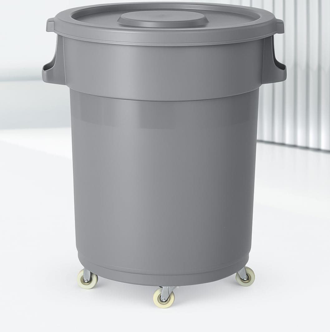 32-Gallon Round Commercial Trash Can with Lid and Dolly – Heavy-Duty Plastic Garbage Bin for Restaurants, Kitchens, Janitorial Use, Indoor – Mobile Waste Container on Wheels (Gray)