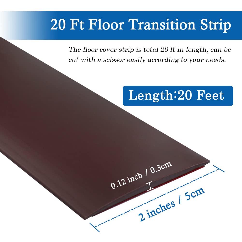 Floor Transition Strip Self Adhesive Floor Cover Strips Laminate 2" Wide Vinyl Flat Divider Transitions (5cm, 20Ft, Brown)