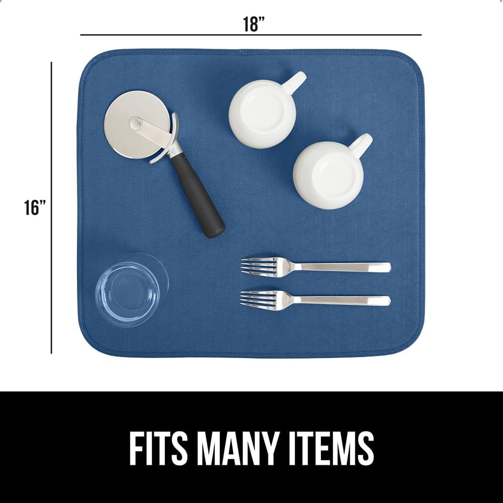 GORILLA GRIP Ultra Water Absorbent Microfiber Dish Drying Mat, Quick Dry Thick Mesh, Slip Resistant Pad for Sink Dishes or Under Rack, Kitchen Counter Accessories, 16x18, Machine Wash, 2 Pack Blue