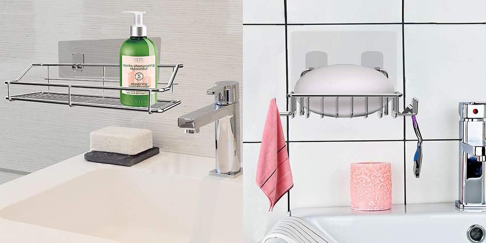 Nieifi Shower Caddy Shelf with Hooks Storage Rack Organizer Adhesive Stainless Steel without Drilling for Bathroom, Lavatory, Washroom, Restroom, Shower, Toilet, Kitchen (Sliver, 3 Pack)