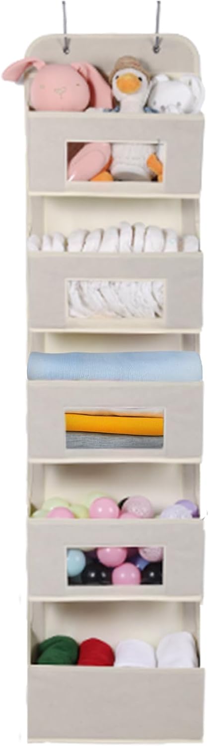 MAX Houser 5-Shelf Over The Door Hanging Organizer with 2 Metal Hooks, 5 Pocket Over The Door Wall Mount Storage with Clear Windows for Baby Nursery Bathroom Closet,Bedroom,Dorm,Diapers,Kids(Beige)