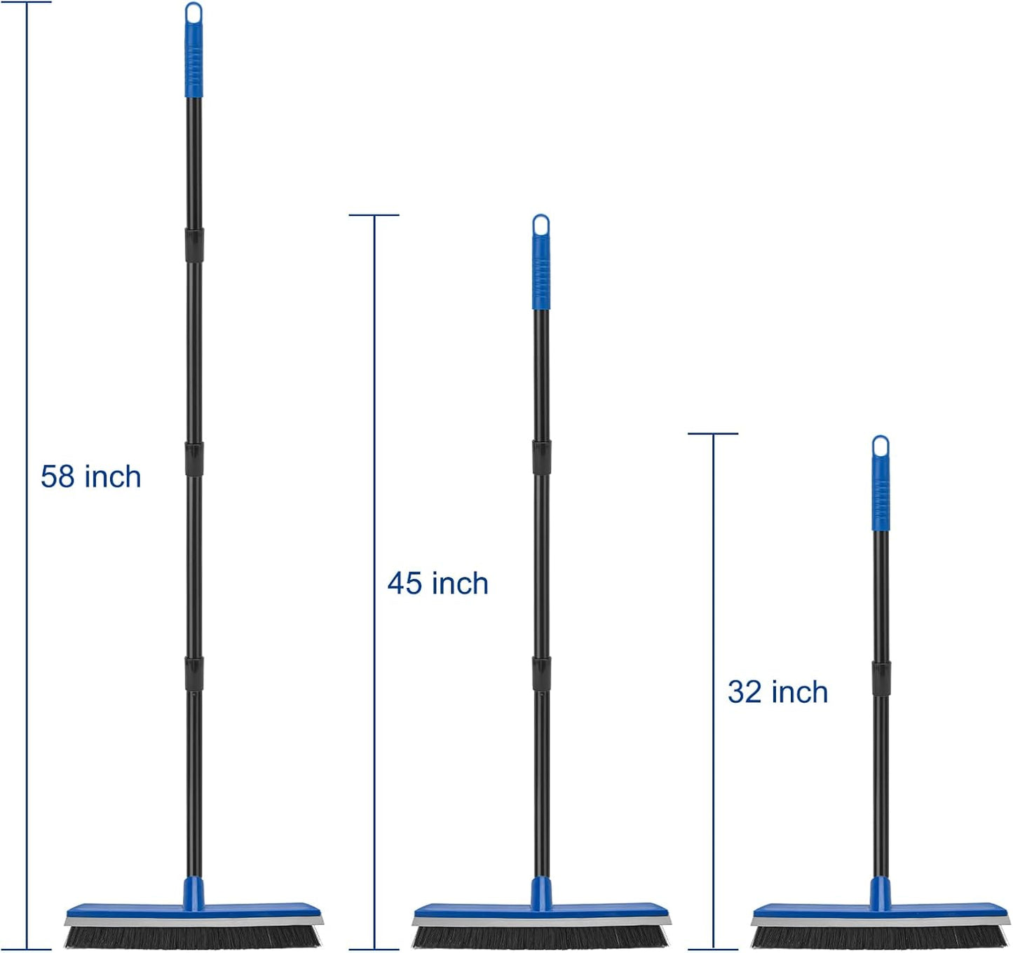 16 Inch Push Broom Outdoor 2 in 1 with Rubber Squeegee and Stiff Bristle Deck Brush 58" Long Handle for Deck Patio Garage Warehouse Driveway Concrete Floor Cleaning Scrubbing(Blue)
