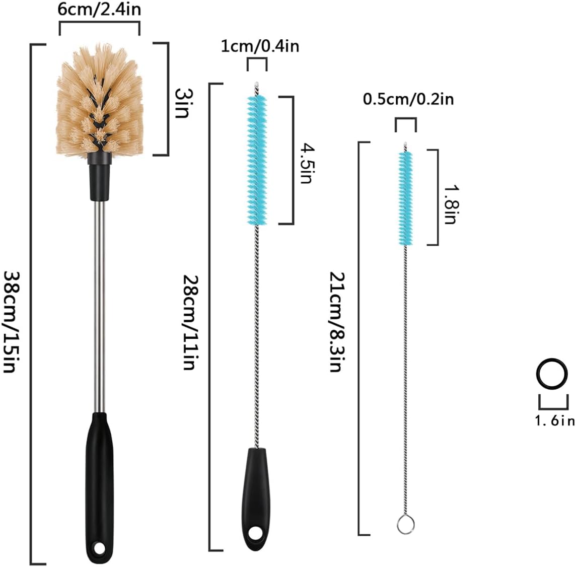 3 in 1 Stainless Steel Long Handled Water Bottle Brush Set, Kitchen Scrubber Cleaning Brush for Mugs, Coffee Cups, Glassware, Wine Glasses, Wake-Ups, with Straw Cleaner, Brown