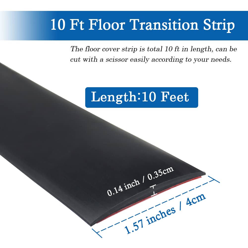 Floor Transition Strip Self Adhesive Floor Cover Strips Laminate 1.57" Wide Vinyl Flat Divider Transitions (4cm, 10Ft, Black)