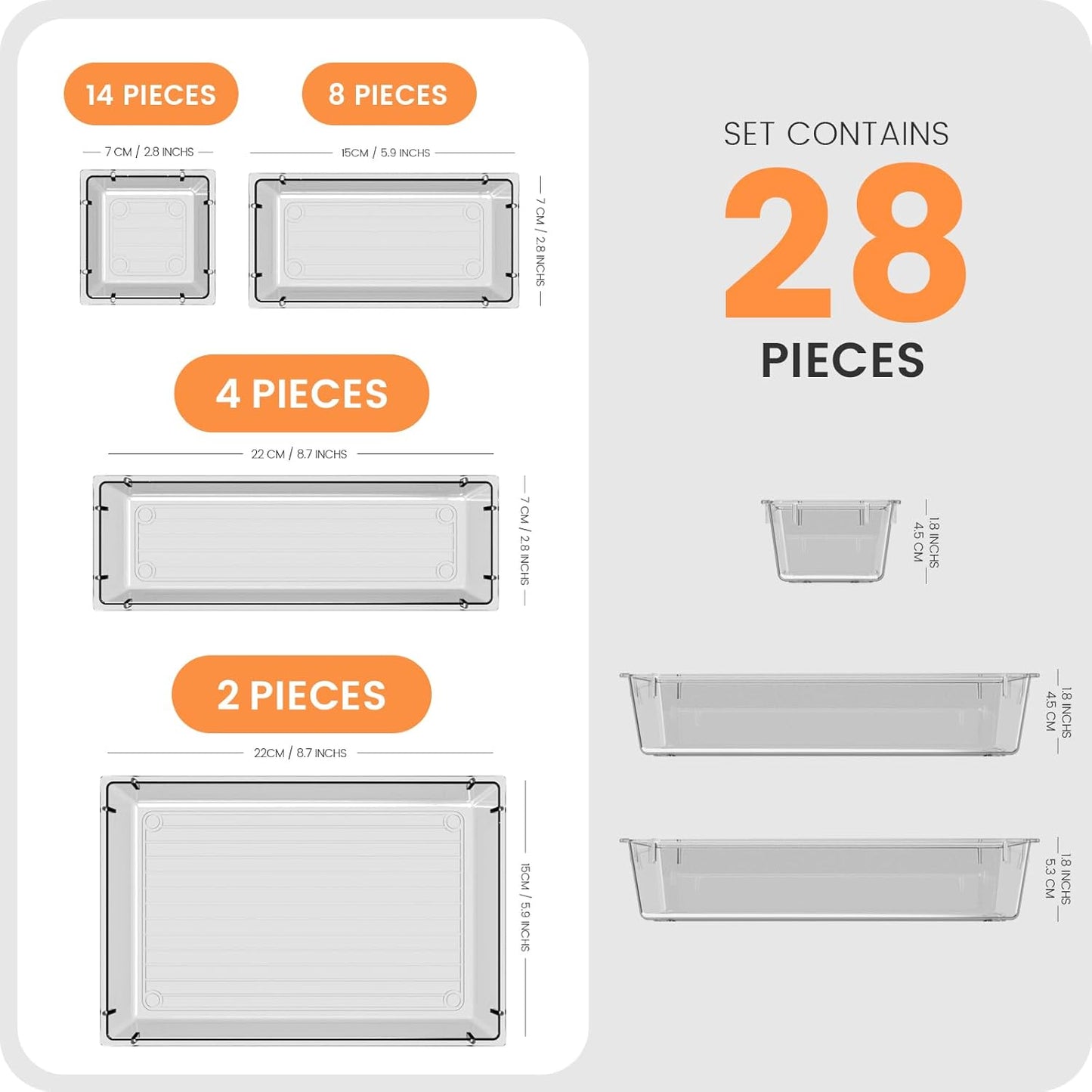 A-LuGei Drawer Organizer, Bathroom Organizers and Storage, Makeup organizer, Desk drawer organizer, Storage Bins for Kitchen Office Bedroom Vanity Jewelry Pantry Garage, 4Size, Clear