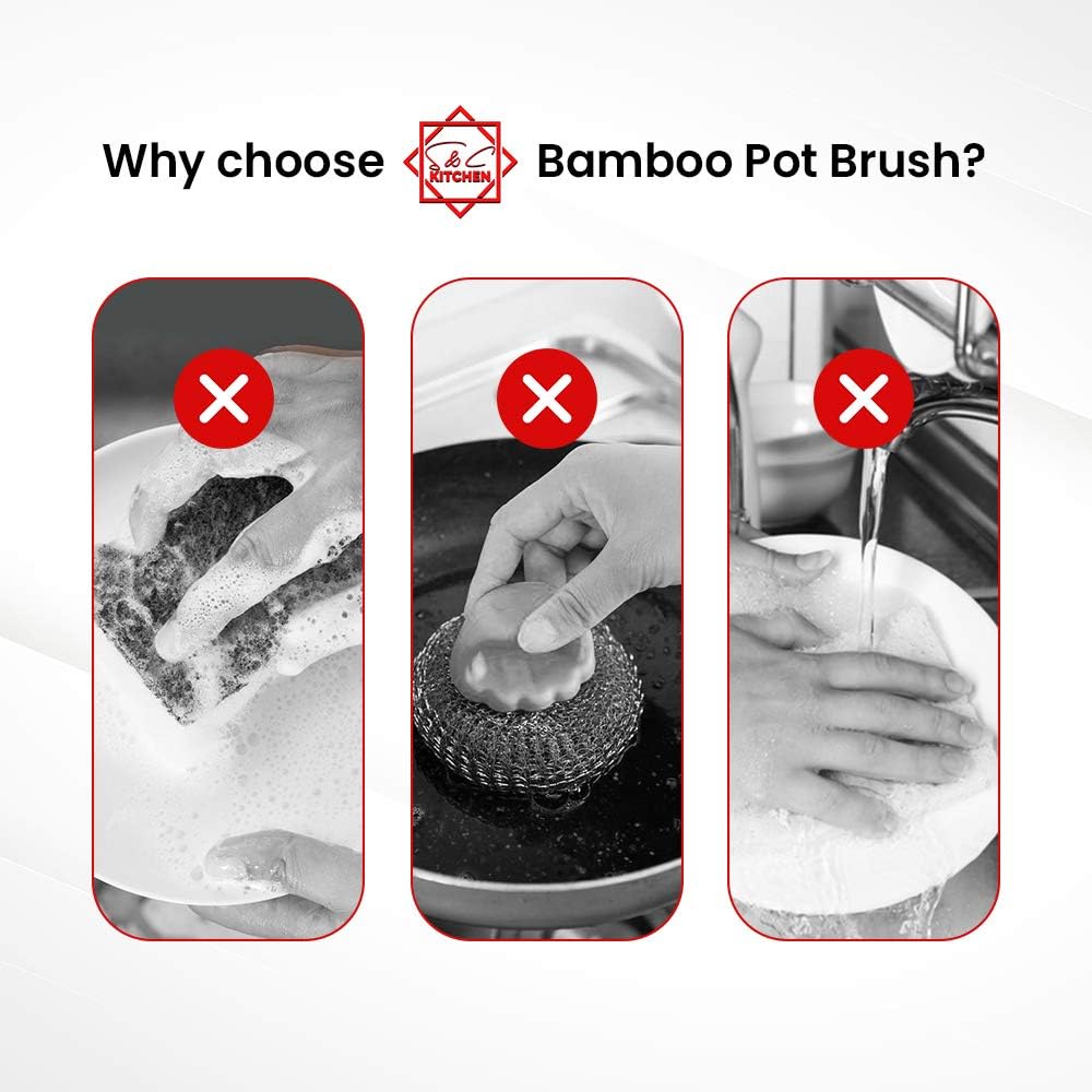 Bamboo Scrub Brush - S&C Kitchen, Cleans Pan/Vegetable/Dishes/Wok, Scrub Brush Dishes for Kitchen/Bathroom, Made Out of Palm & Sisal Bristles with a Handle, Vegetable Brush for Cleaning, Set of 3