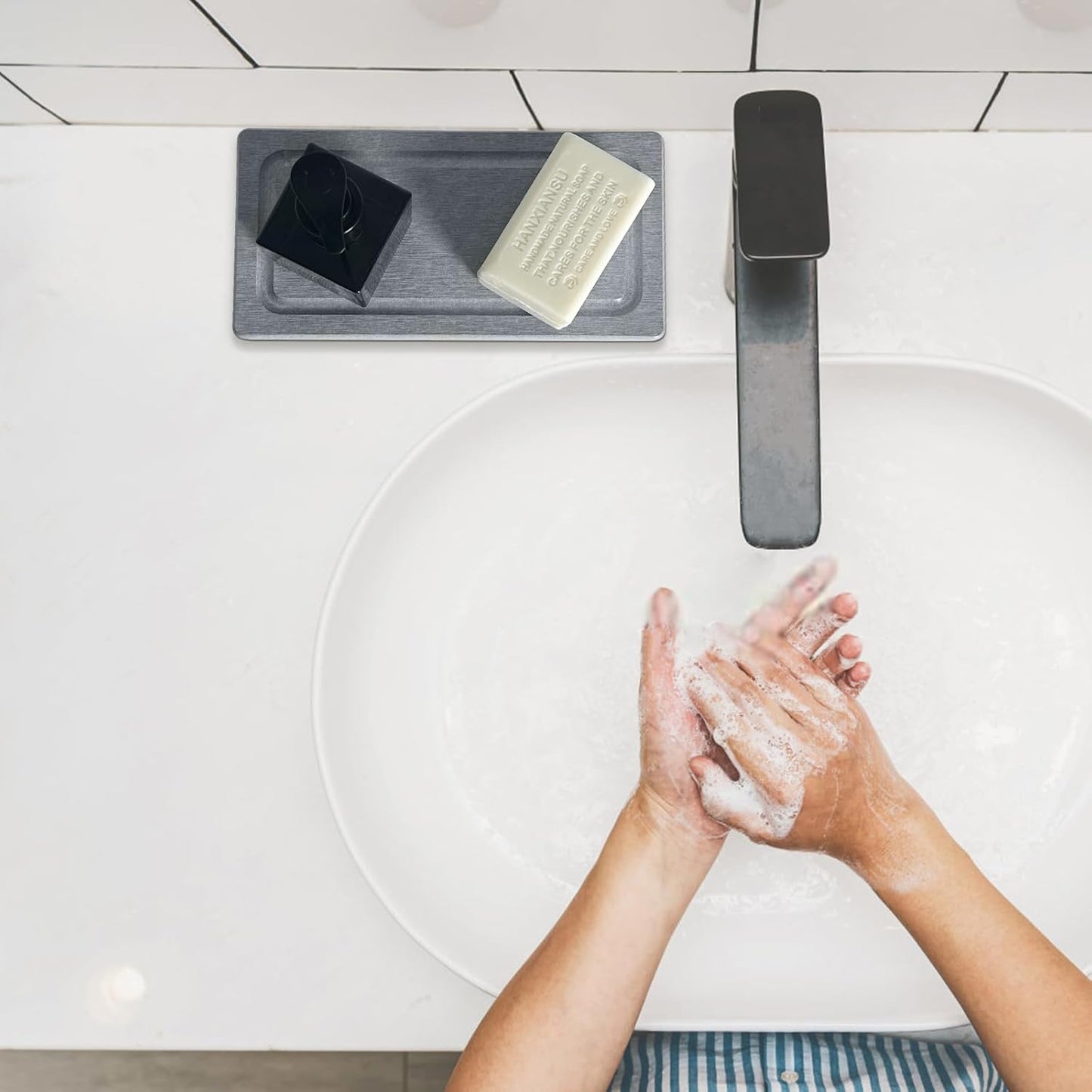 2 PCS Water Absorbing Stone Trays for Bathroom Sink & Kitchen Counter, Fast-Drying Diatomite Sink Coasters, Vanity Tray, Hand Soap Holder with Anti-Skid Pads (9.5" x 4.7" Gray)