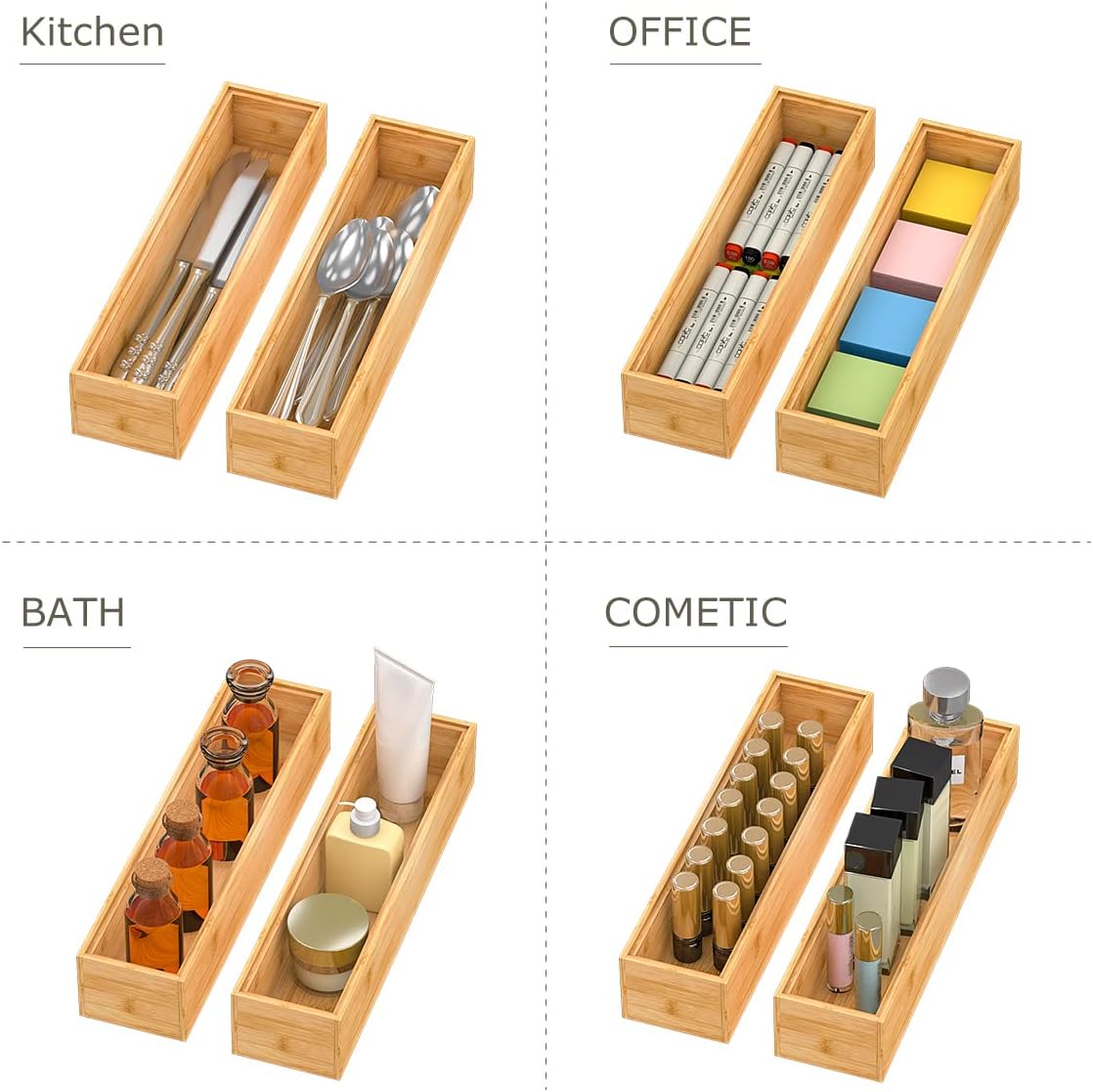 Bamboo Kitchen Drawer Organizer, Stackable Silverware Tray Utensil Organizer Cutlery Holder for Kitchen,Wooden Storage Box for Bathroom, Multi-Use Storage Bins Dividers for Office(12x3x2.5 inch)