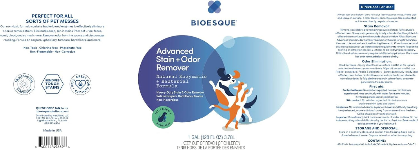 Bioesque Advanced Stain + Odor Remover, Pet-Friendly Natural Enzymatic & Bacterial Formula, Heavy-Duty Stain & Odor Remover, Safe on Carpets, Hard Floors, & More, 1 Gallon (Pack of 1)