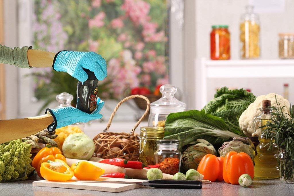 Kitchen Oven Gloves - Dual-Layer Heat Resistant Grilling Gloves, Silicone Oven Mitts with 5 Fingers, Waterproof Non-Slip Pot Holder for Barbecue, Cooking, Baking (Small, Blue)