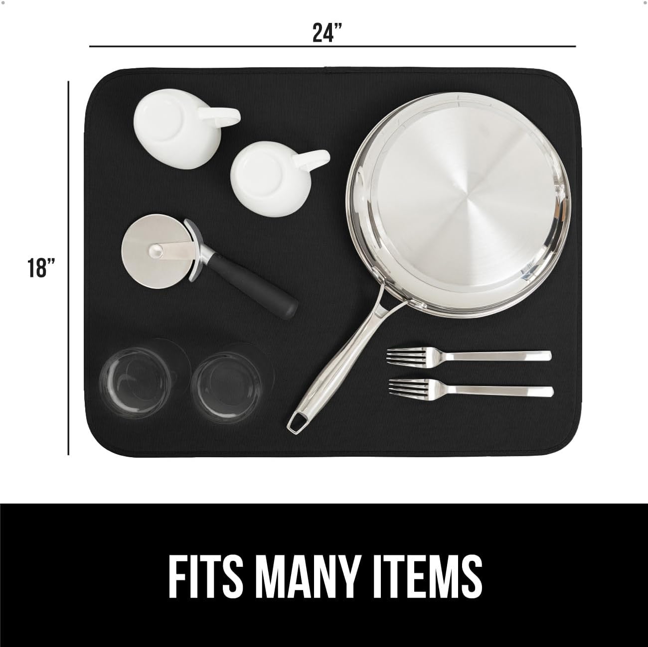 GORILLA GRIP Ultra Water Absorbent Microfiber Dish Drying Mat, 18x24, Quick Dry Thick Mesh, Slip Resistant Pad for Sink Dishes or Under Rack, Kitchen Counter Accessories, Machine Wash Mats, Black