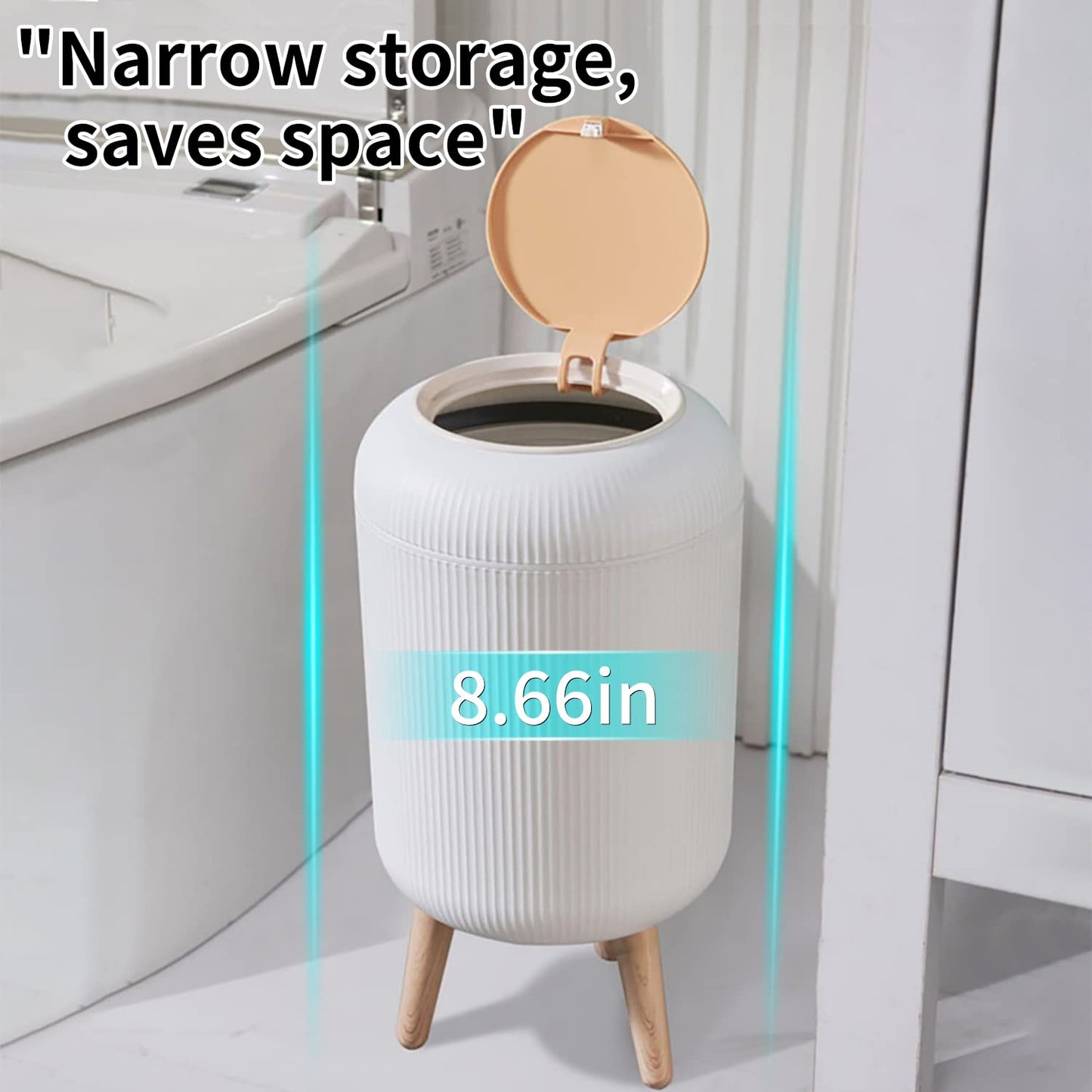 Trash Can With Lid for Bathroom, 2 Gallon/10 Liter Round Garbage Bin With Press Top, Plastic Modern Wastebasket With Soft Close, Container for Bedroom, Living Room, Office (White)