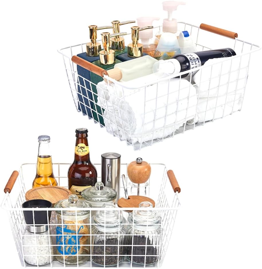 LeleCAT Large white wire baskets with Wooden Handles for storage pantry, Storage Organizer Baskets, Household Refrigerator for Cabinets, Closets, Bedrooms, kitchen - Set of 2(White)