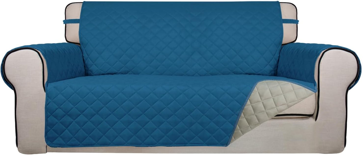 PureFit Reversible Quilted Sofa Cover, Water Resistant Furniture Protector, Washable Couch Cover with Non Slip and Elastic Straps for Kids, Dogs, Pets (Oversized Loveseat, Peacock Blue/Beige)