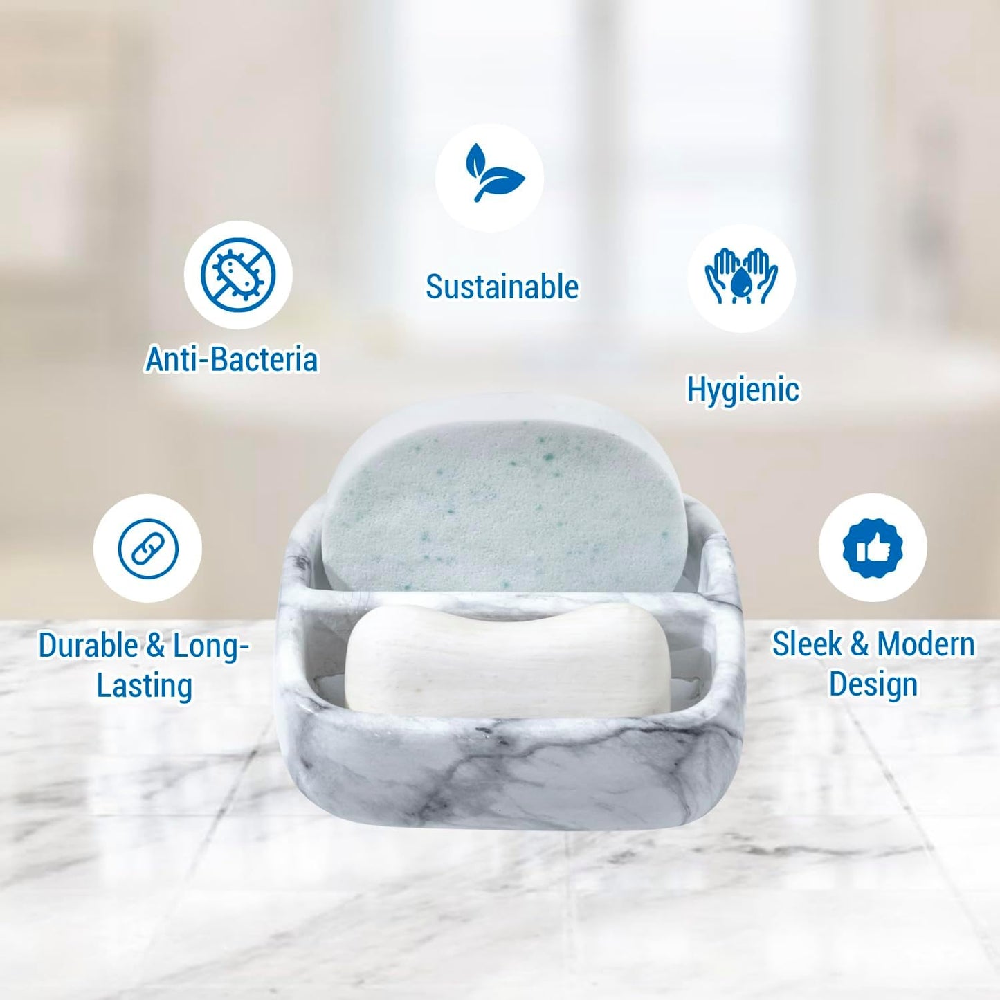 MyGift 5.4 Inch Deluxe Modern White Marble Pattern Resin Double Sponge Holder, Kitchen Sink Countertop Dish Cleaning Sponges or Scrubbing Pads Bowl with 2 Compartments