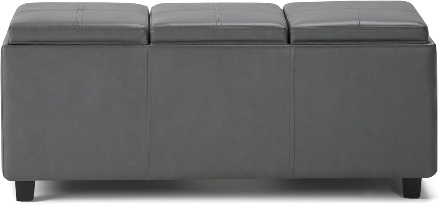 SIMPLIHOME Avalon 42 inch Wide Contemporary Rectangle Storage Ottoman in Stone Grey Vegan Faux Leather, Assembled, For the Living Room, Entryway and Family Room