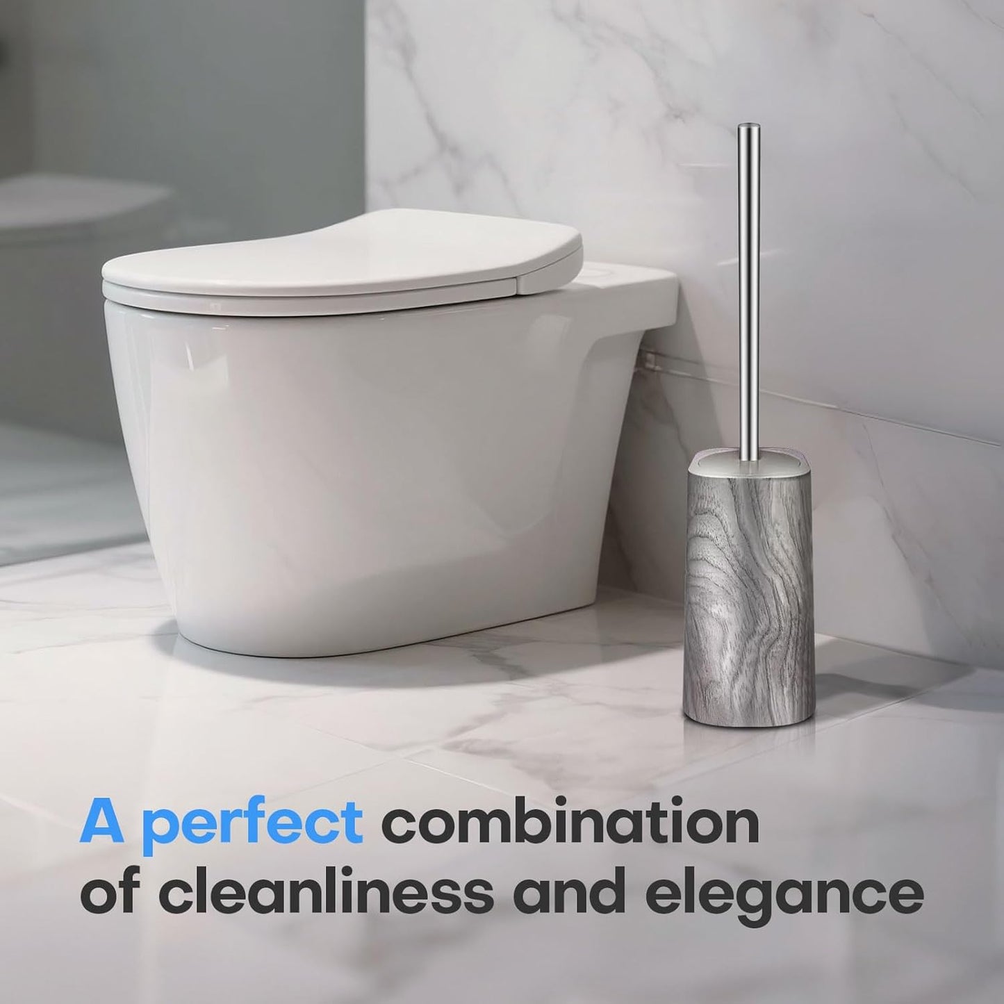Marble Colored Toilet Brush and Holder Set,Stainless Steel Long Handle and Marble Colored Base for Bathroom Deep Cleaning,Space Saving for Storage,Drip-Proof,Grey