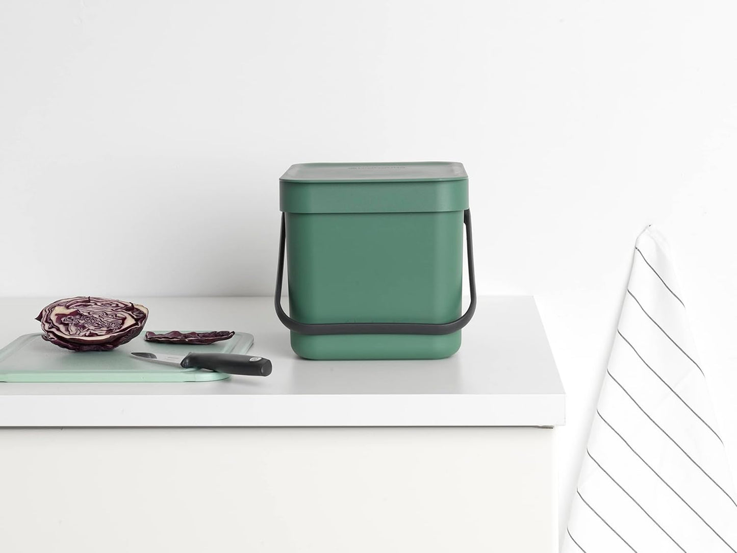 Brabantia Sort & Go Food Trash Can (1.6 Gal/Fir Green) Small Countertop Kitchen Compost Caddy with Handle & Removable Lid, Easy Clean, Fixtures Included for Wall/Cupboard Mounting