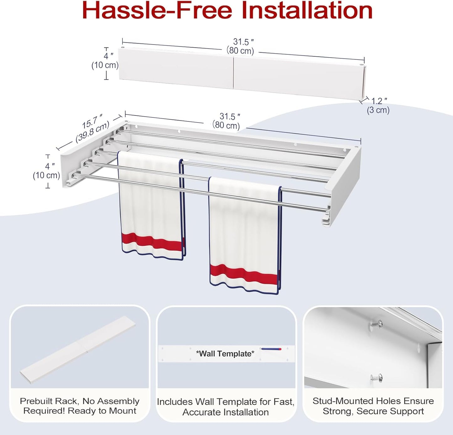 Wall Mounted Drying Rack 31.5", Foldable Laundry Drying Rack with Stainless Steel Rods, Retractable Laundry Space Saver for Indoor & Outdoor Use, Include Wall Template