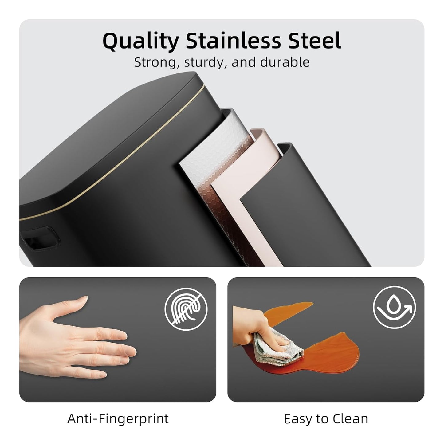 KUK 13 Gallon Kitchen Trash Can with Lid, 50L/13Gal Office Step Garbage Can for Home, Kitchen, Laundry Room, Office, Brushed Stainless Steel, Black