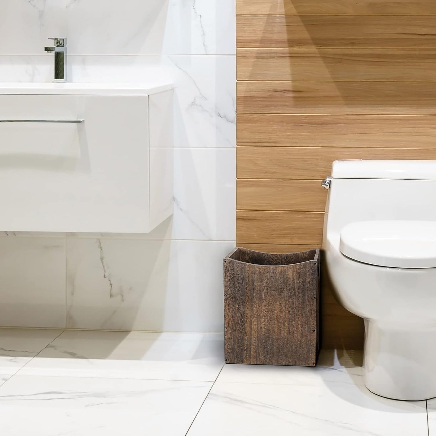 Wood Trash Can 5.3 Gallon Office Wastebasket Farmhouse Rectangular Garbage Can with Built-in Handles Small Trash Can for Bedroom Office Kitchen Bathroom Under Desk Large Storage