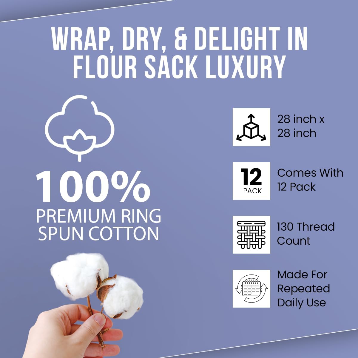 WHITEWRAP Flour Sack Towels| Tea Towel for Crafts| Kitchen Dish Cotton Blank Towel for Embroidery|Baking Bread Proofing Linen Cover| Thick Absorbent Quick Dry|12Pack 28"x28" Natural