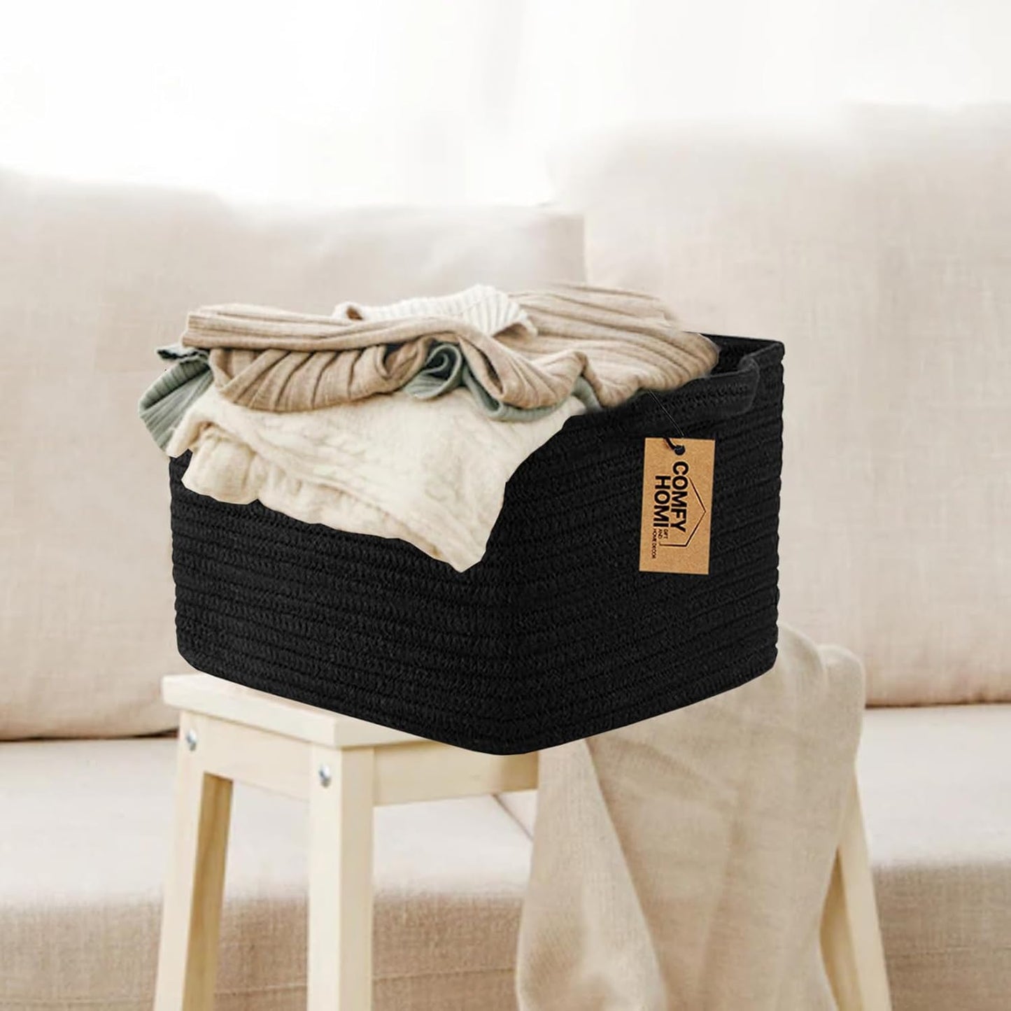 COMFY-HOMI 3PACK Cotton Rope Woven Basket With Handles for Shelves, Toy, Book, Cloth Storage Basket for Organizing|13.5" x 11" x 9.5" Decorative Nursery Cube Bin for Living Room(all Black)