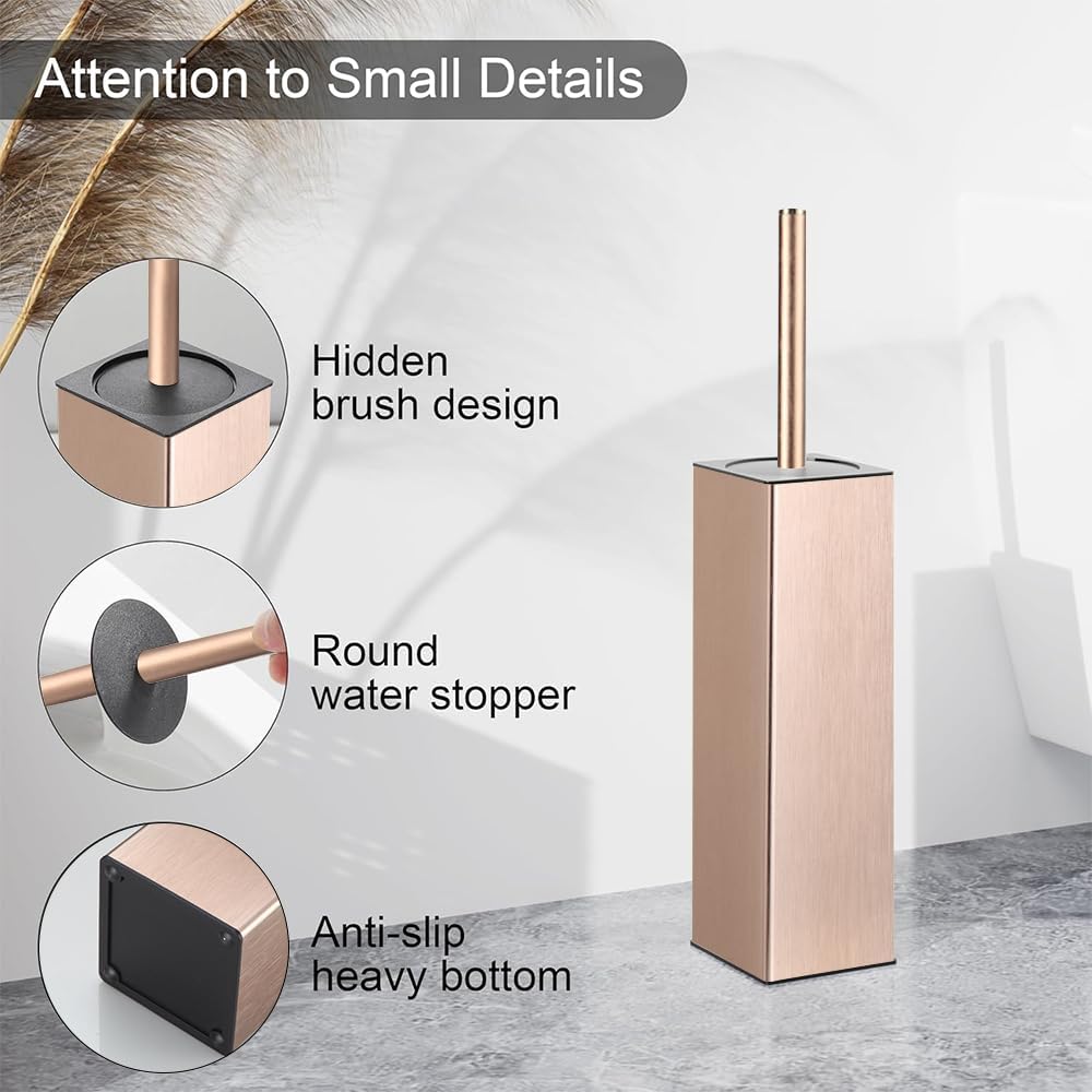 BGL Standing Toilet Brush and Holder Rose Gold Aluminium Toilet Bowl Cleaner Brush and Holder for Bathroom Storage and Organization, Square Design Sturdy and Space Saving