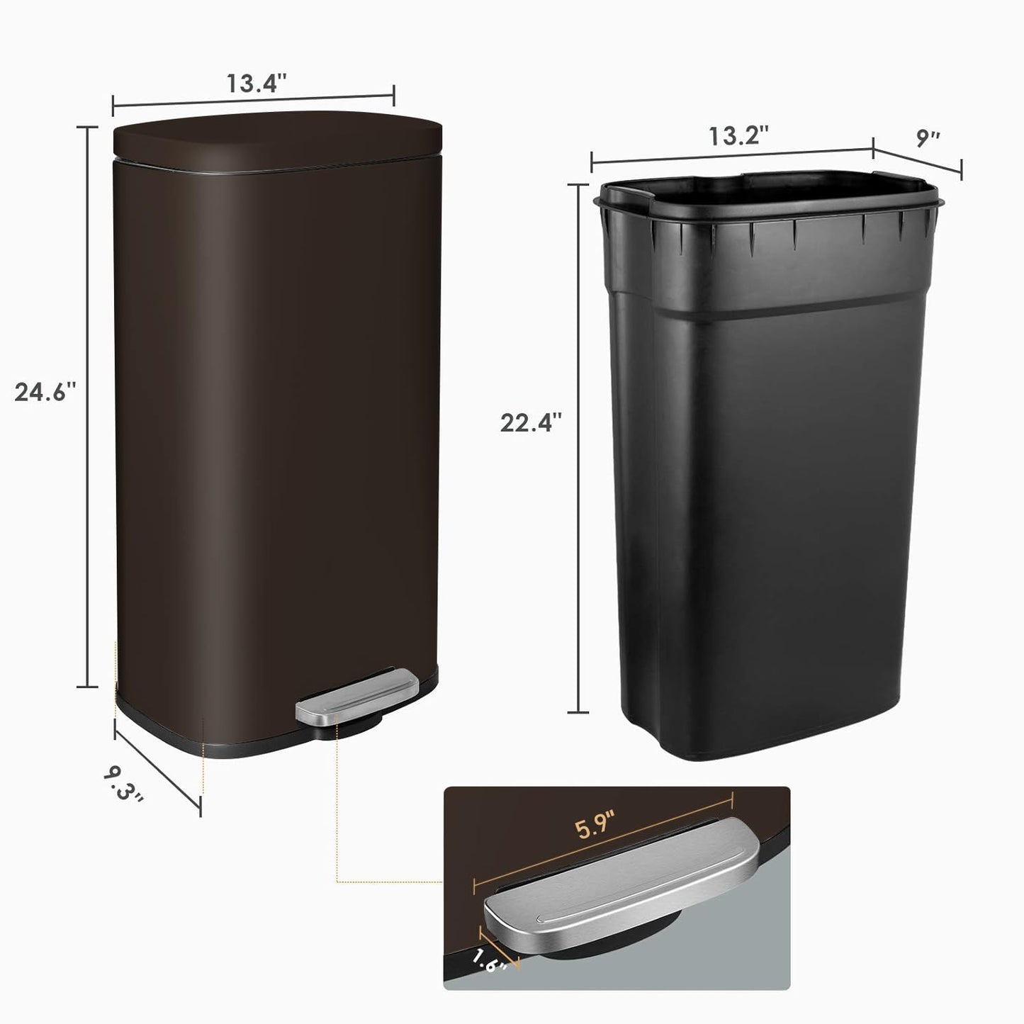 AthLike Trash Can, Stainless Steel Kitchen Garbage Can, Step Waste Bin with Hinged Lid and Removable Inner Bucket, Soft-Close, Dustbin for Bathroom Bedroom Living Room Home (Brown, 8 Gal)