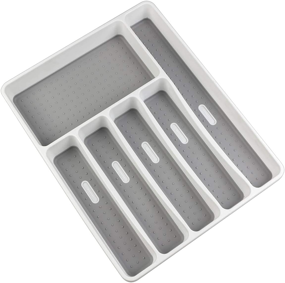 LeMuna Silverware Organizer Tray for Drawer, 6 Compartment Kitchen Drawer Organizer, Soft Grip Lining and Non-Slip Rubber Feet, Flatware Plastic Cutlery Tray
