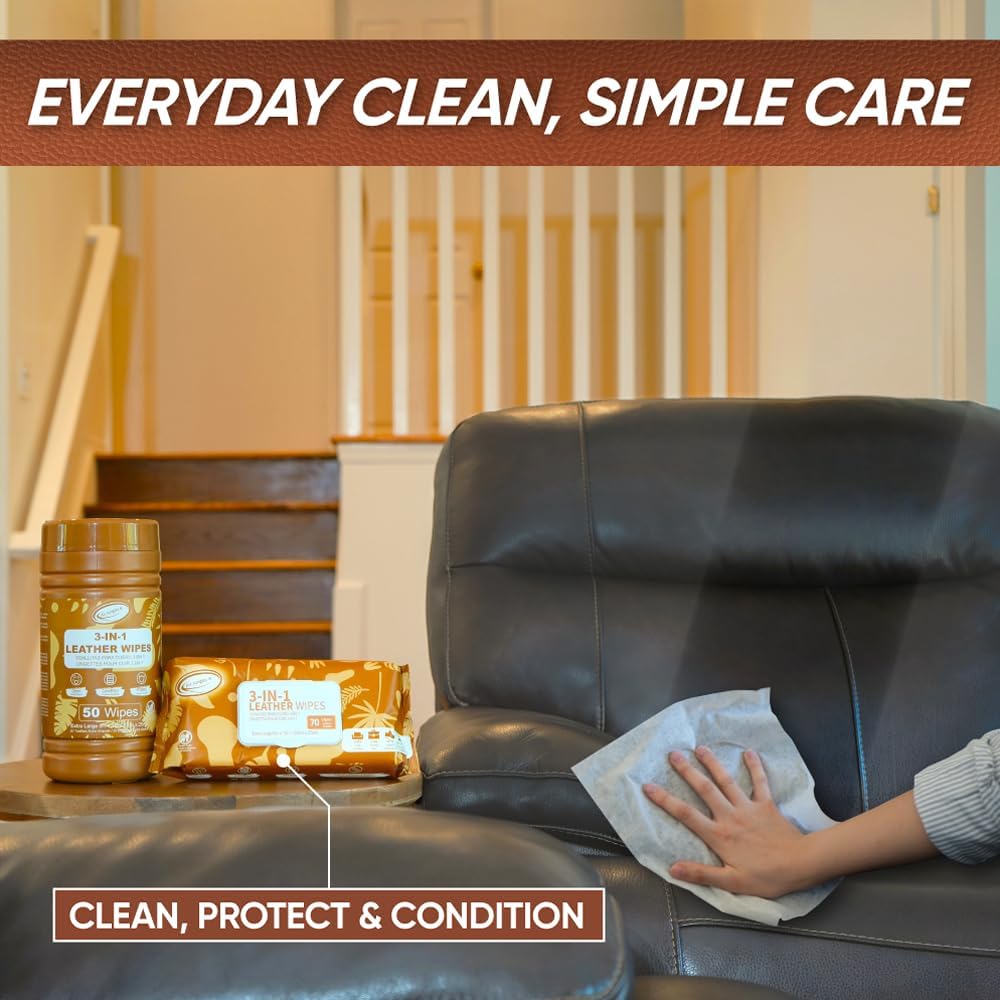 Air Jungles 3in1 Leather Wipes 50 Count, Extra Large 8" x 10" Size, Clean Condition Protect Wipes for Leather Furniture Auto Car Interior Shoes Boots Bags Apparel and Vinyl