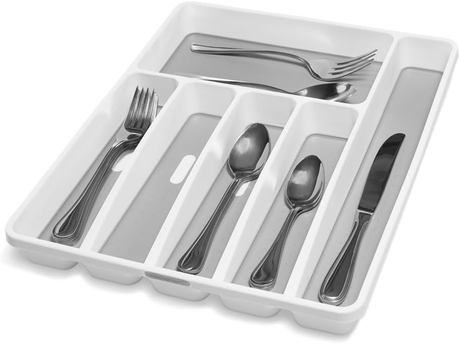 madesmart Classic Large Silverware Tray - White |CLASSIC COLLECTION | 6-Compartments| Kitchen Drawer Organizer | Soft-Grip Lining and Non-Slip Rubber Feet | BPA-Free (Pack of 6)