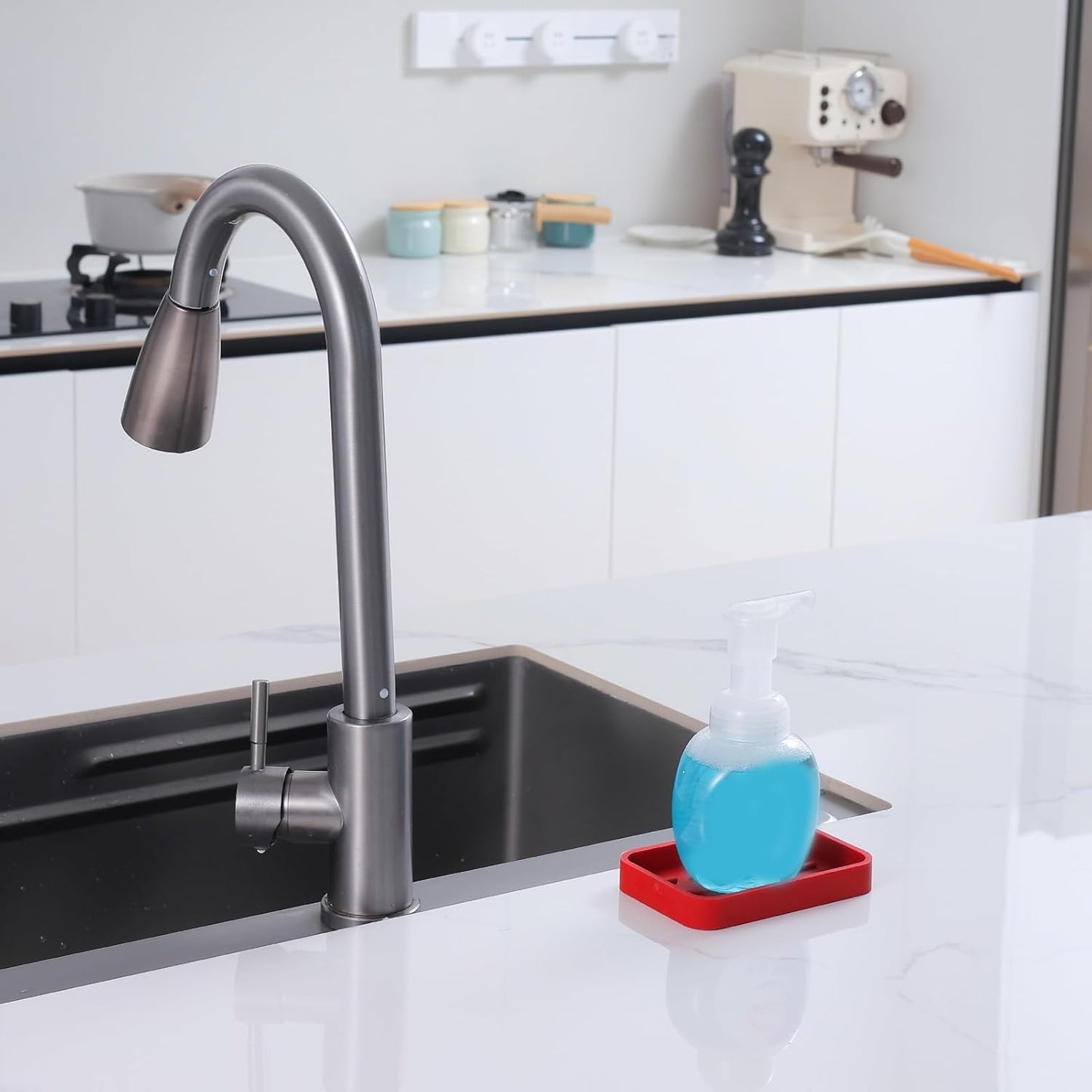 Silicone Kitchen Sink Organizer Tray for Multiple Usage,Easy Clean Sponges Holder for Kitchen Bathroom Counter or Sink,Dish Soap Dispenser,Scrubber,Bottle,Cup Red 4.9”x 3.2”