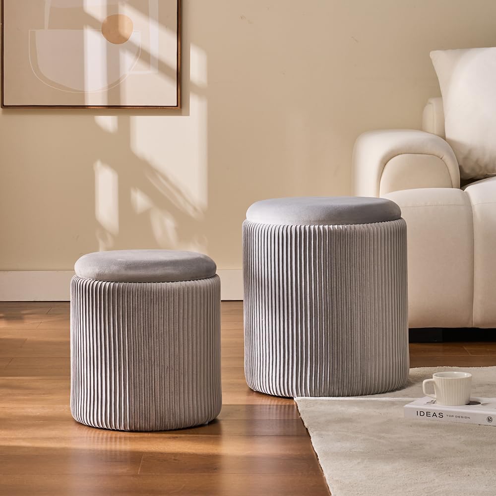 Round Set of 2 Ottoman with Storage-Upholstered Velvet Vanity Stool for Makeup Multifunctional Ottomans Coffee Table Padded Seat Foot Rest for Living Room&Bedroom (Ligth Grey)