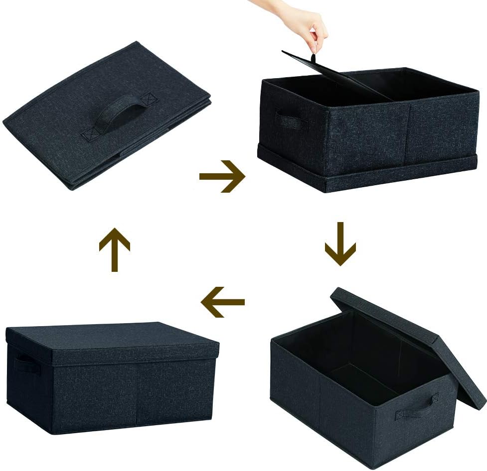 HOONEX Linen Foldable Storage Bins with Lids, 2 Pack, Storage Boxes with Carrying Handles and Sturdy Heavy Cardboard, 16.5" L x 11.8" W x 7.5" H for Shoes, Books, Clothes, Nursery, Dark Grey