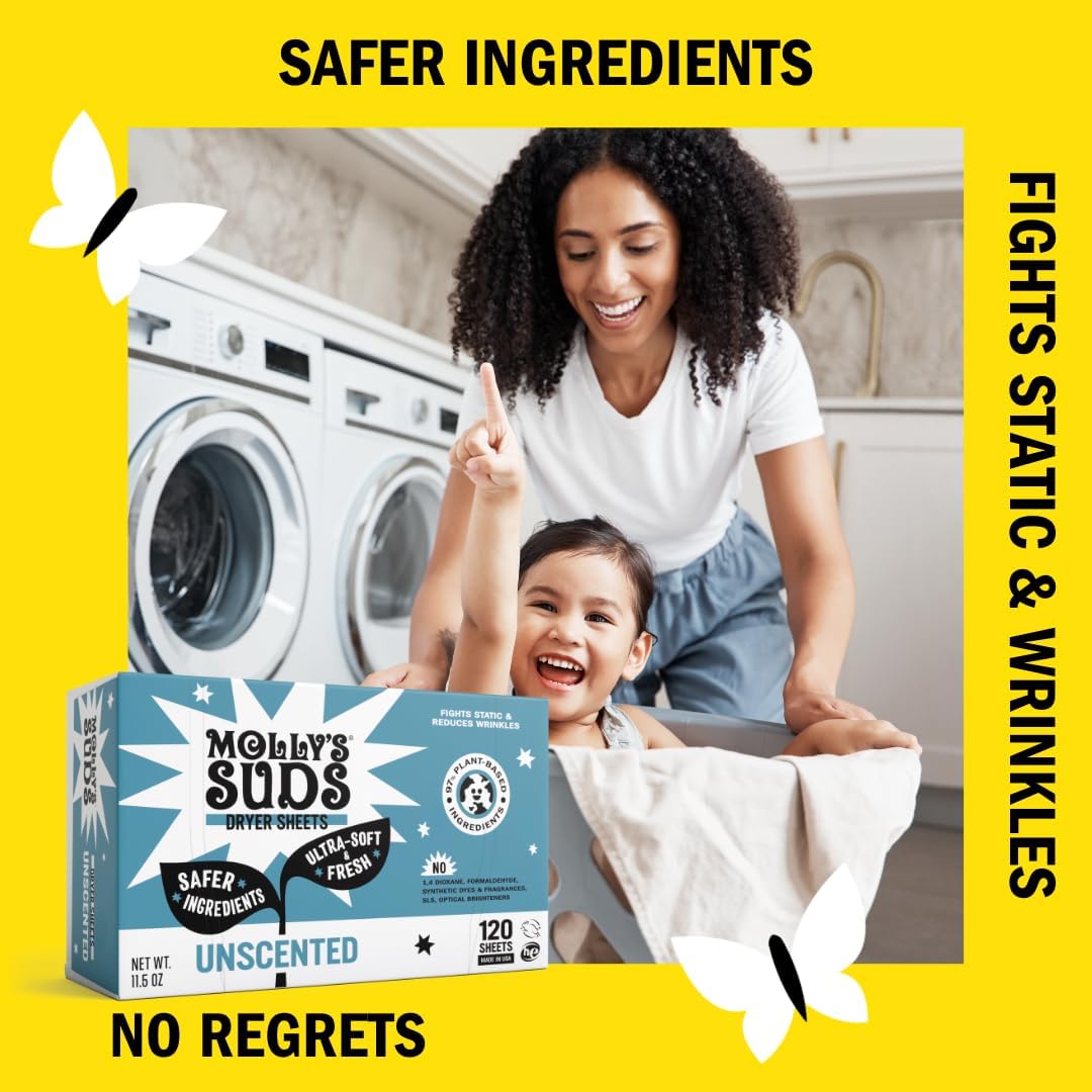 Molly's Suds Fabric Softener Dryer Sheets for Sensitive Skin | Plant-Based Static Reducer, Plastic-Free Packaging | Unscented (120 Sheets)