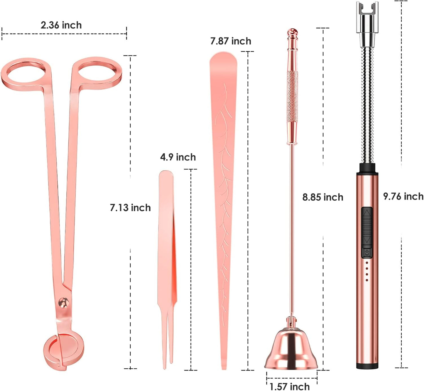 5 in 1 Candle Accessory Set,Candle Wick Trimmer Cutter Set,Candle Wick Dipper,Candle Wick Snuffer,Rechargeable Candle Lighter,Tweezers,Stainless Steel Candle Care Kit Gift for Aromatherapy(Rose Gold)โฆ