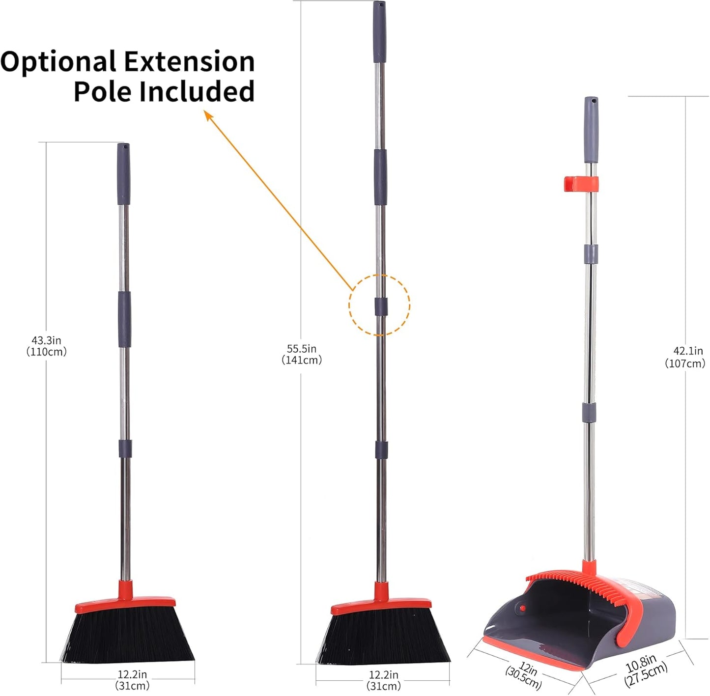 Broom with Dustpan Combo Set Broom and Dustpan Set Dust Pan with Stainless Steel Long Handle, Brooms with 5-Layer Soft Bristles for Sweeping Office Kitchen Home Pet Hair Lobby