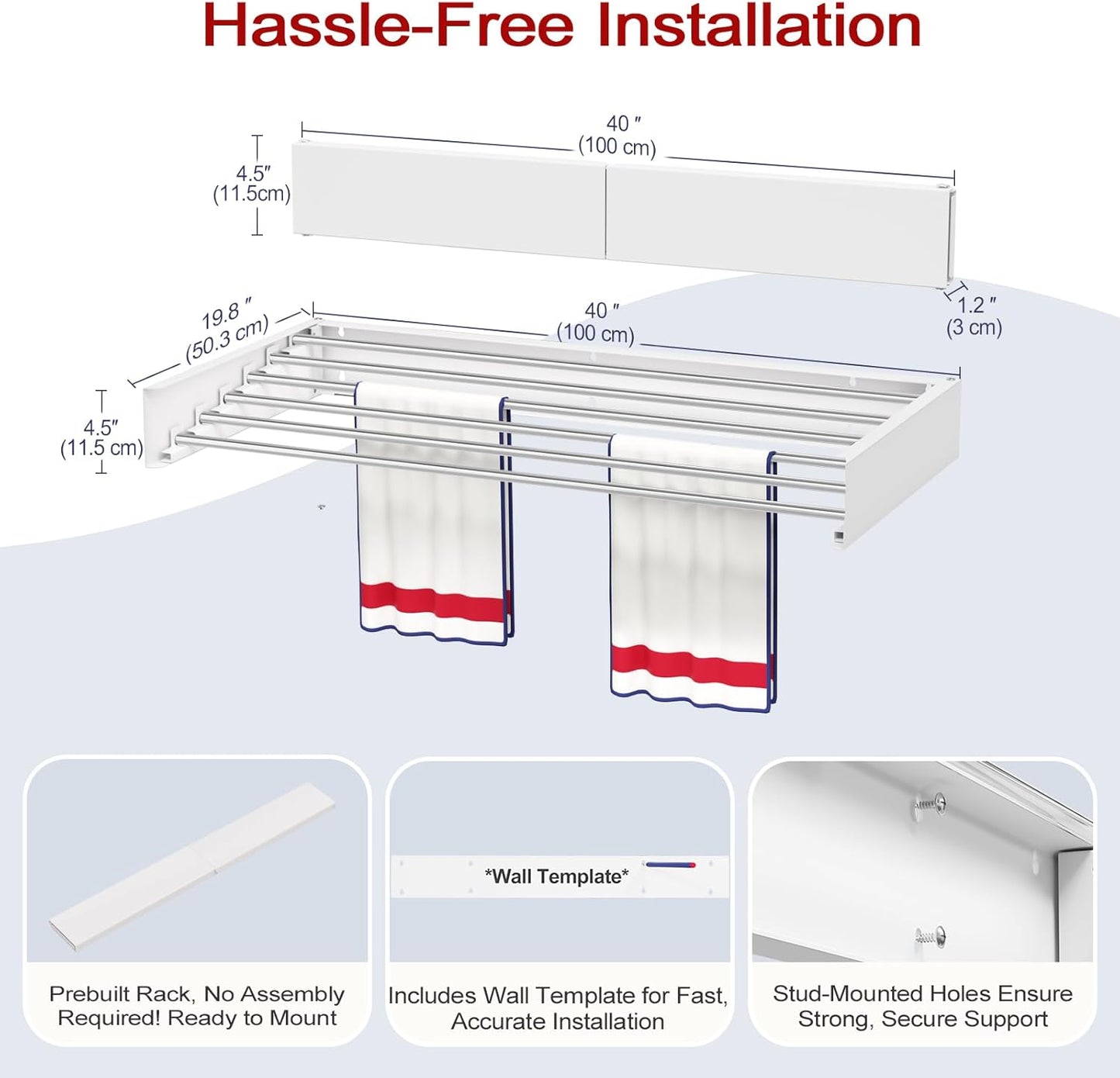Wall Mounted Drying Rack 40", Foldable Laundry Drying Rack with Stainless Steel Rods, Retractable Laundry Space Saver for Indoor & Outdoor Use, Include Wall Template