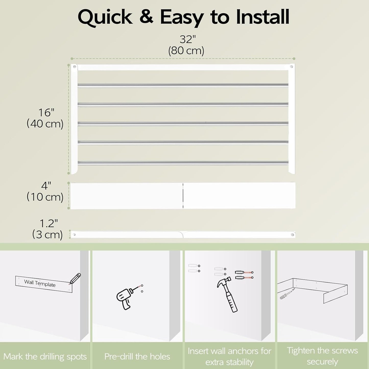 Wall Mounted Clothes Drying Rack 32", Foldable Wall Mount Laundry Rack Folding Indoor, Drying Rack Clothing Collapsible, Hidden Space Saver with Wall Template, 5 Rods, White