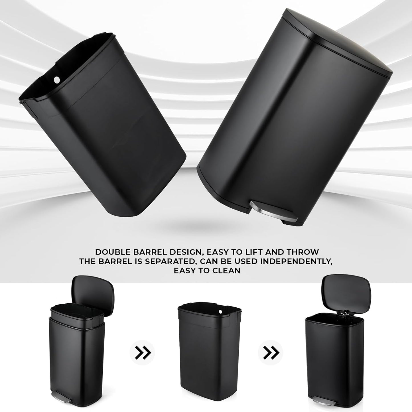 13.2 Gal Kitchen Trash Can, 50L Recycling or Garbage Bin, Brushed Stainless Steel Waste Basket, Soft&Quiet Close Dustbin, with Step-On Pedal, Removable Inner Bucket, for Home, Office, LIving Room