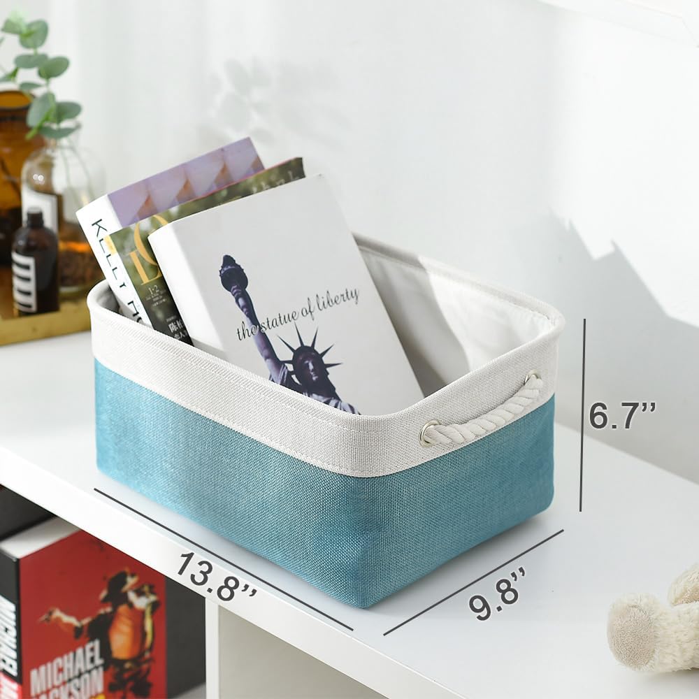 TheWarmHome Fabric Storage Bins Baskets for Organizing,Sturdy Storage Basket W/Handles, Decorative Foldable Storage Baskets for Shelves Closet Nursery Toy (White&Teal, Medium - 3 Pack)
