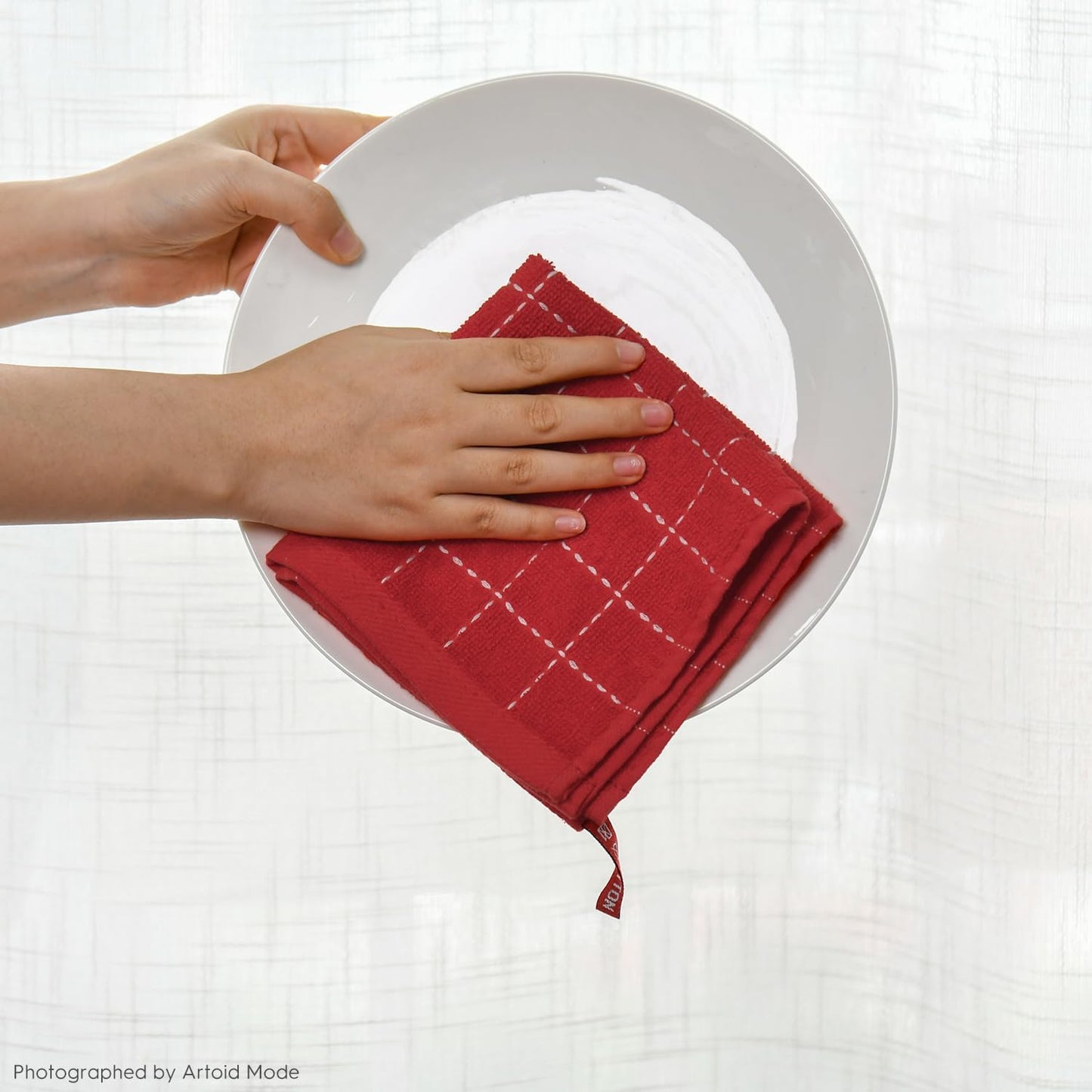 Artoid Mode Checkered Designed Cotton Beige Red Terry Kitchen Dish Cloths, 12x12 Inch Soft Absorbent Quick Drying Cleaning Kitchen Rags Set of 6