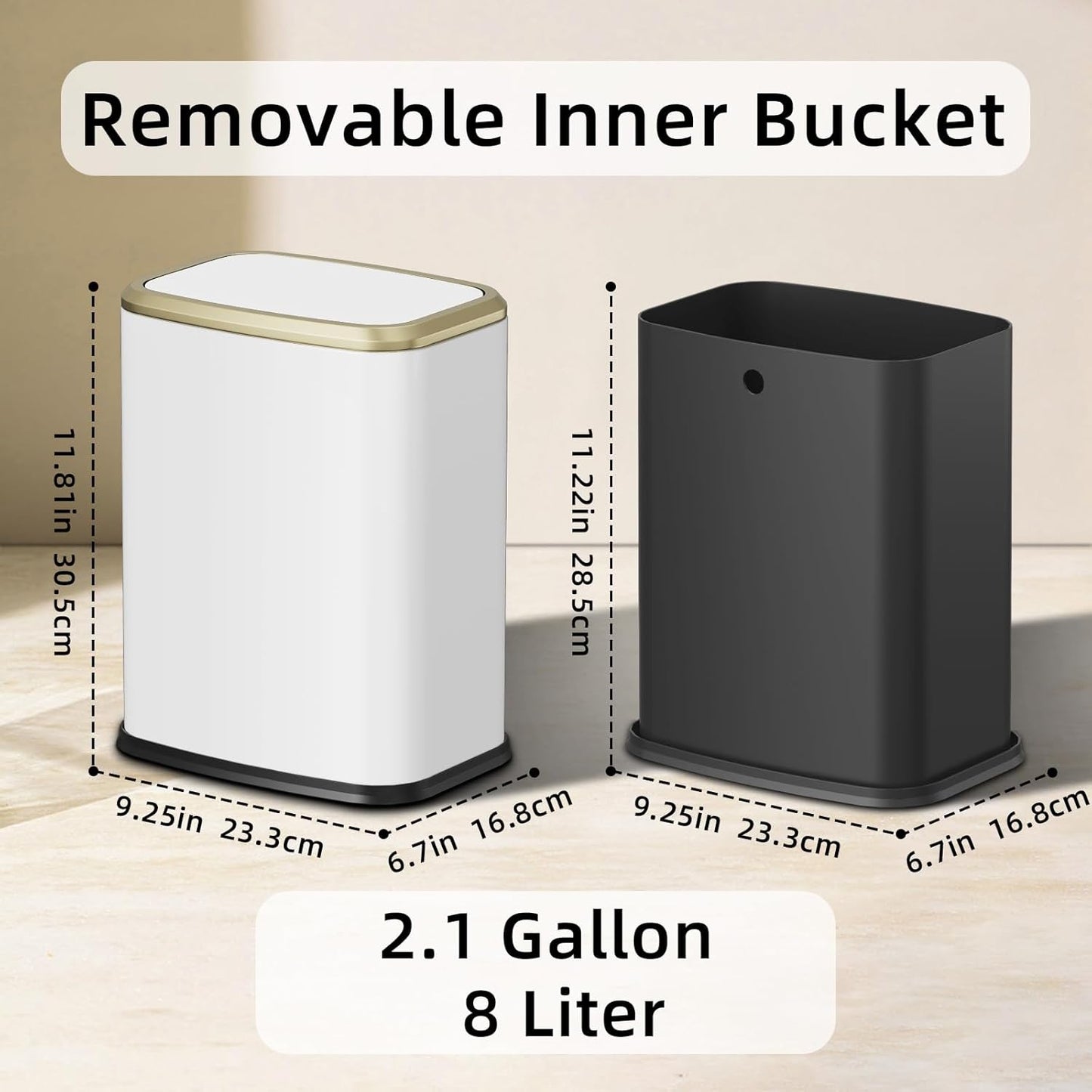 8L/2.1 Gallon Small Bathroom Trash Can with Lid, Swing-Top Rectangular Waste Bin, Stainless Steel Garbage Can for Home, Office, Toilet, Bedroom, Living-Room (White)