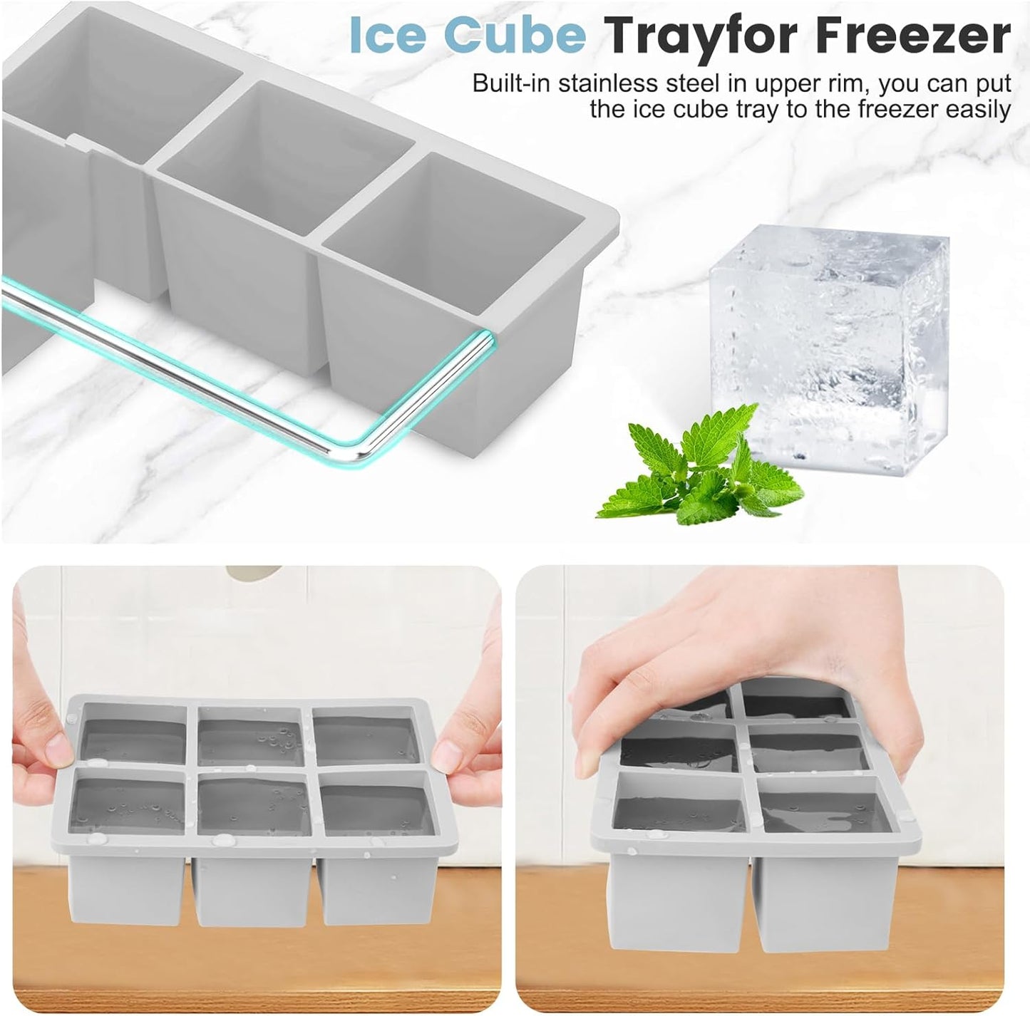 Large Silicone Ice Cube Tray 3Pack, SAWNZC Big Square Ice Cube Molds for Whisky Cocktail, Ice Maker Tray with Lid for Freezer, Easy Release (3, Grey)
