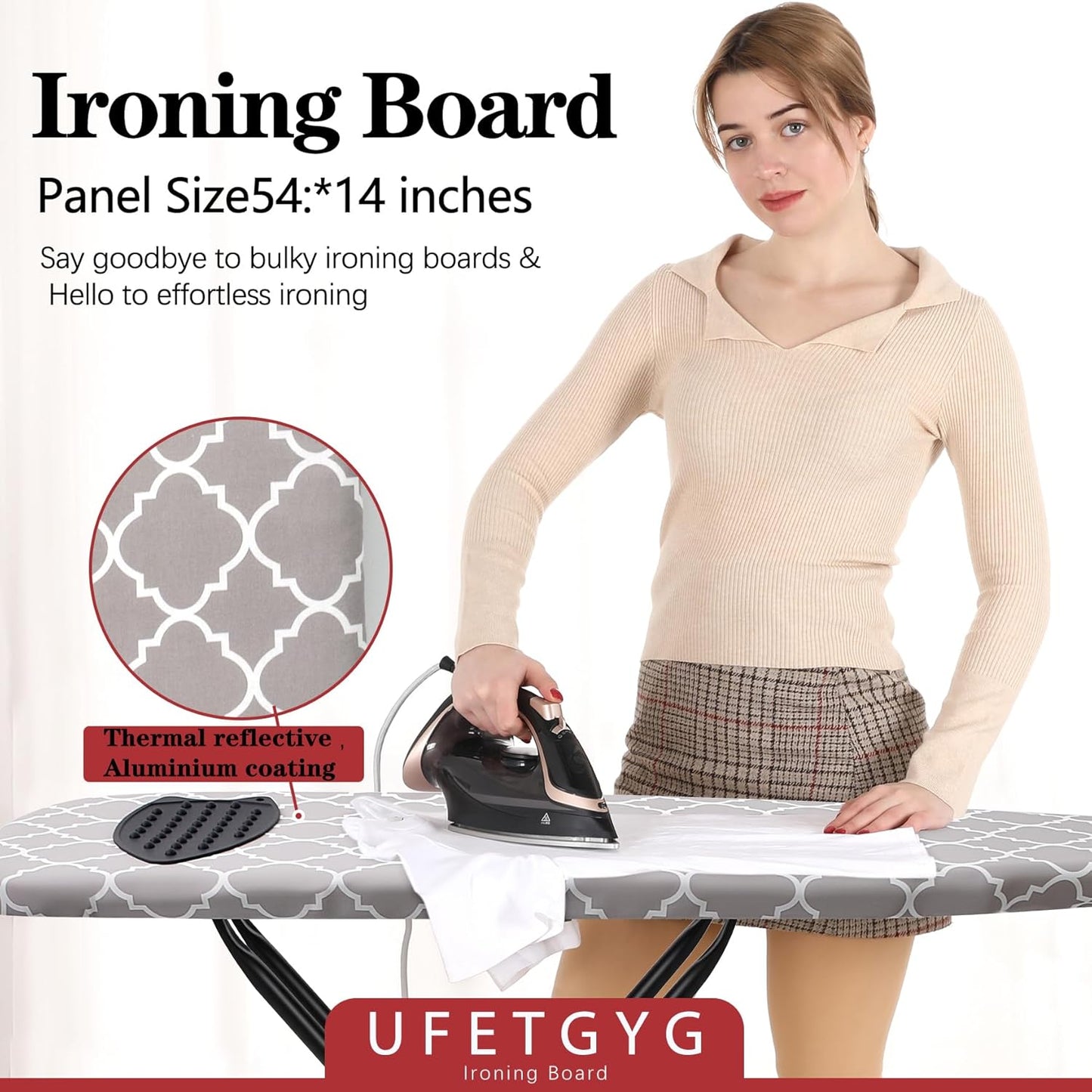 Ironing Board with Silicone Iron Rest pad,Extra Thick Cover,14x54 Compact and Space Saver Iron Board, Height Adjustable,Stable Structure, Easy to Fold, White and Gray