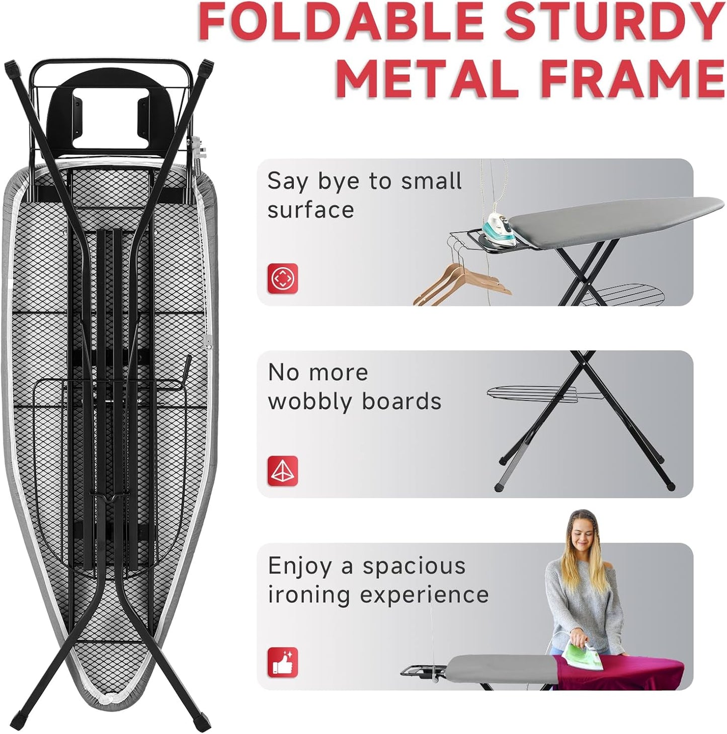 Extra Wide Full Size Ironing Board 57" L X18 W, Multifunctional Sturdy Ironing Board with Iron Rest, Foldable Adjustable Iron Board with Heat Resistant Cover, Enhanced Stability, Black Grey.