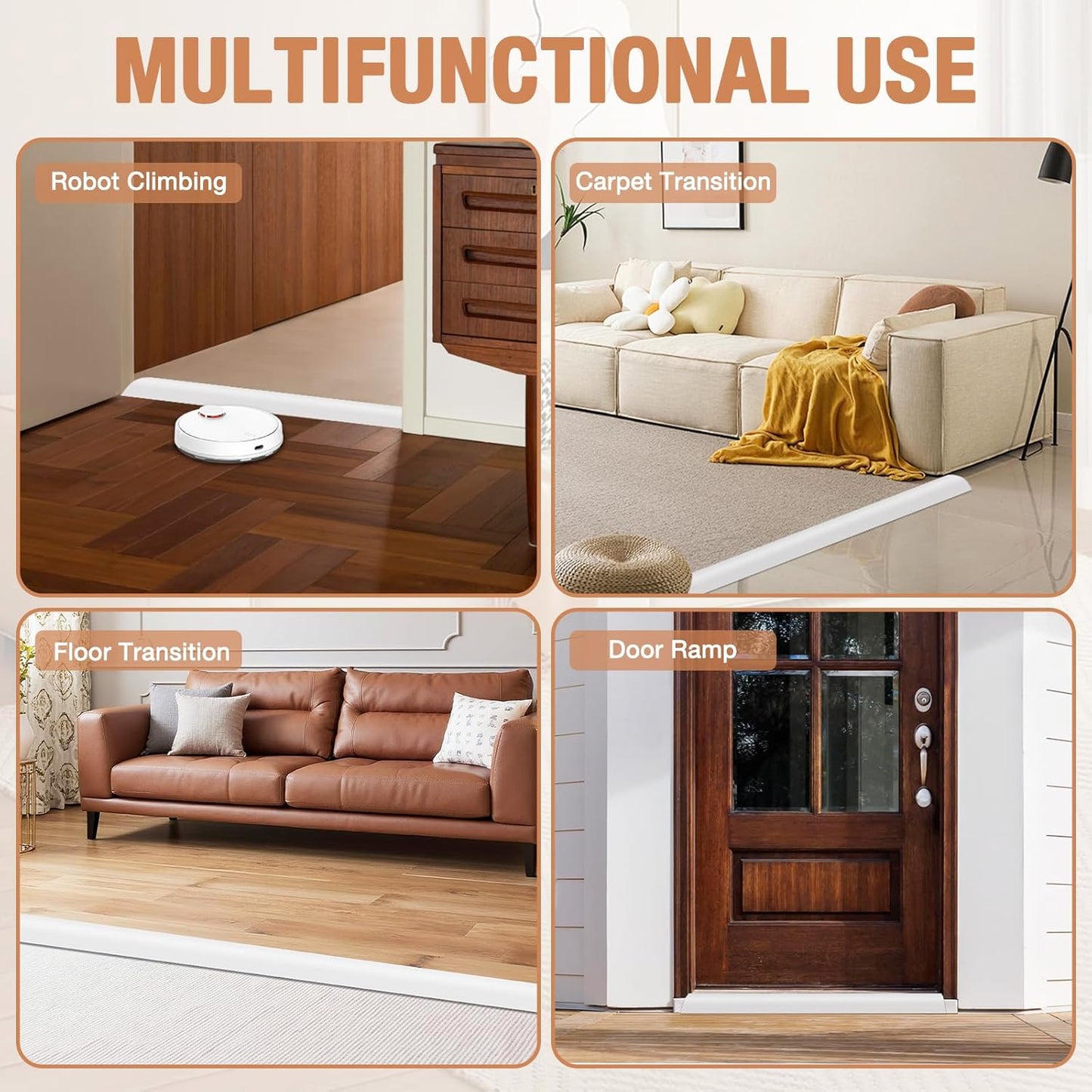 Floor Transition Strip Self Adhesive Vinyl Door Threshold for Doorways Carpet Edging Trim Overlap Edge Reducer for Laminate Floor, Carpet, Tile (White, 3/5" to 4/5", 6.6Ft)